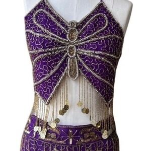 y2k Bead Butterfly top Belly Dancer Purple Costume 3PieceSet Halter Pants Outfit